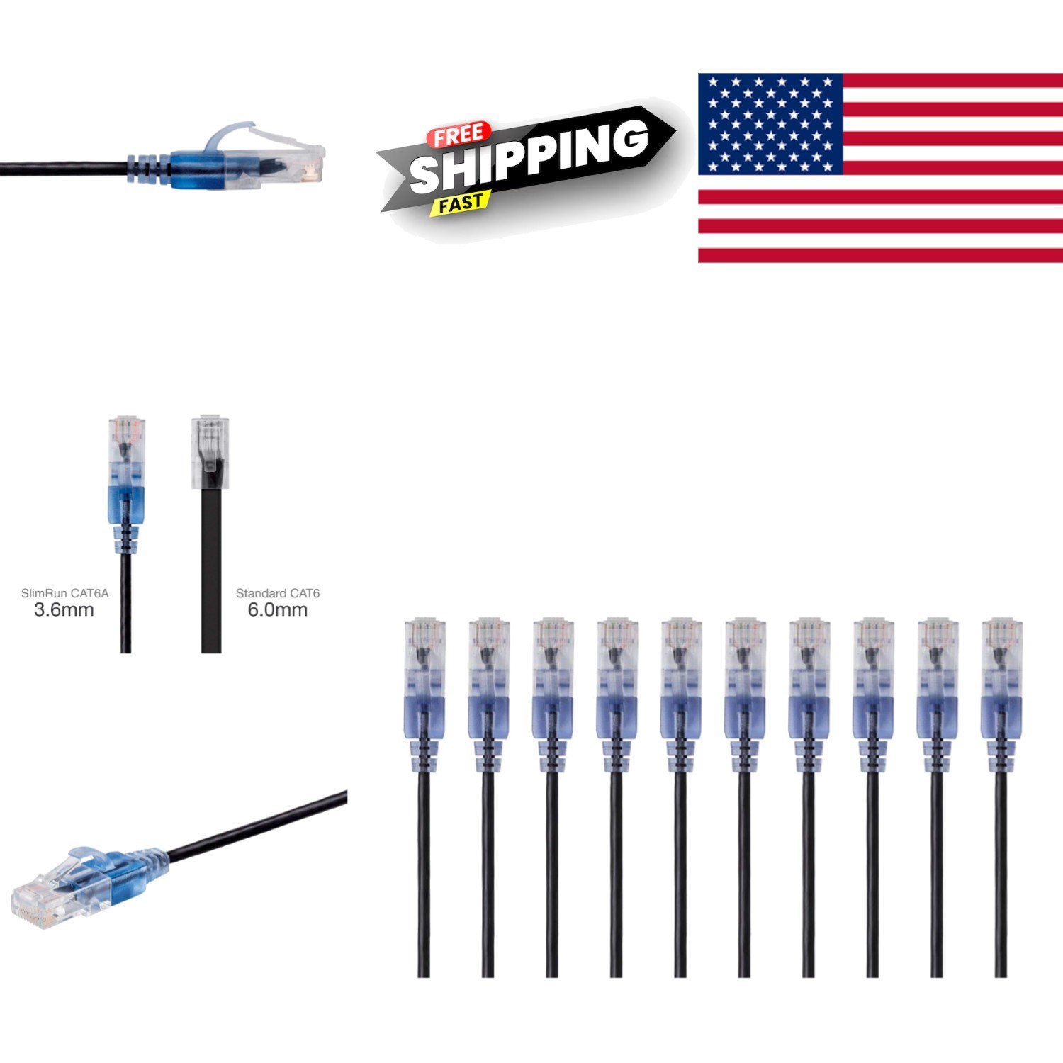 10 Pack 6 Inch Cat6A Ethernet Cable Black Snagless SlimRun for Data Centers