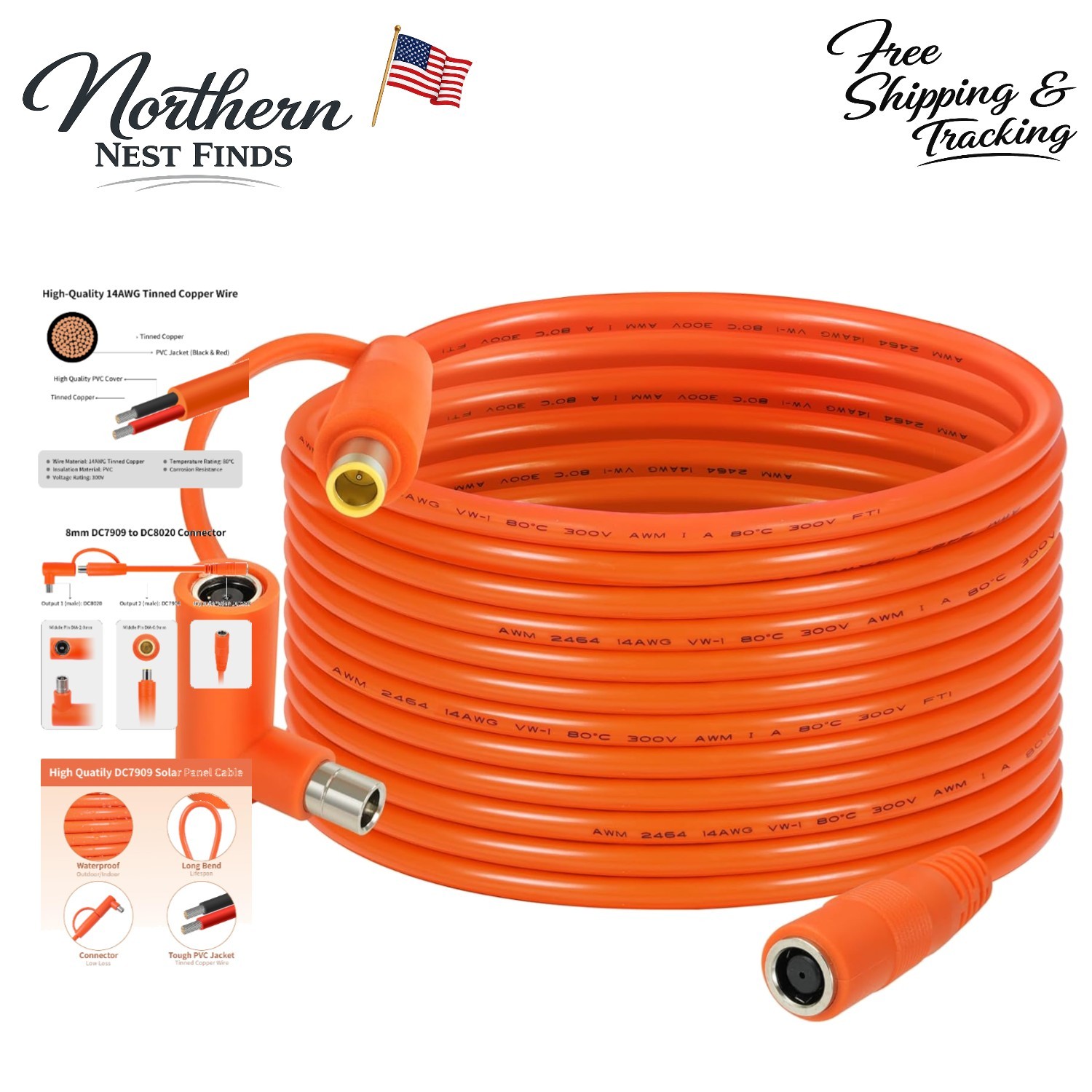 20FT 8mm DC Extension Cable with DC8020 Adapter - Perfect for Solar Generators