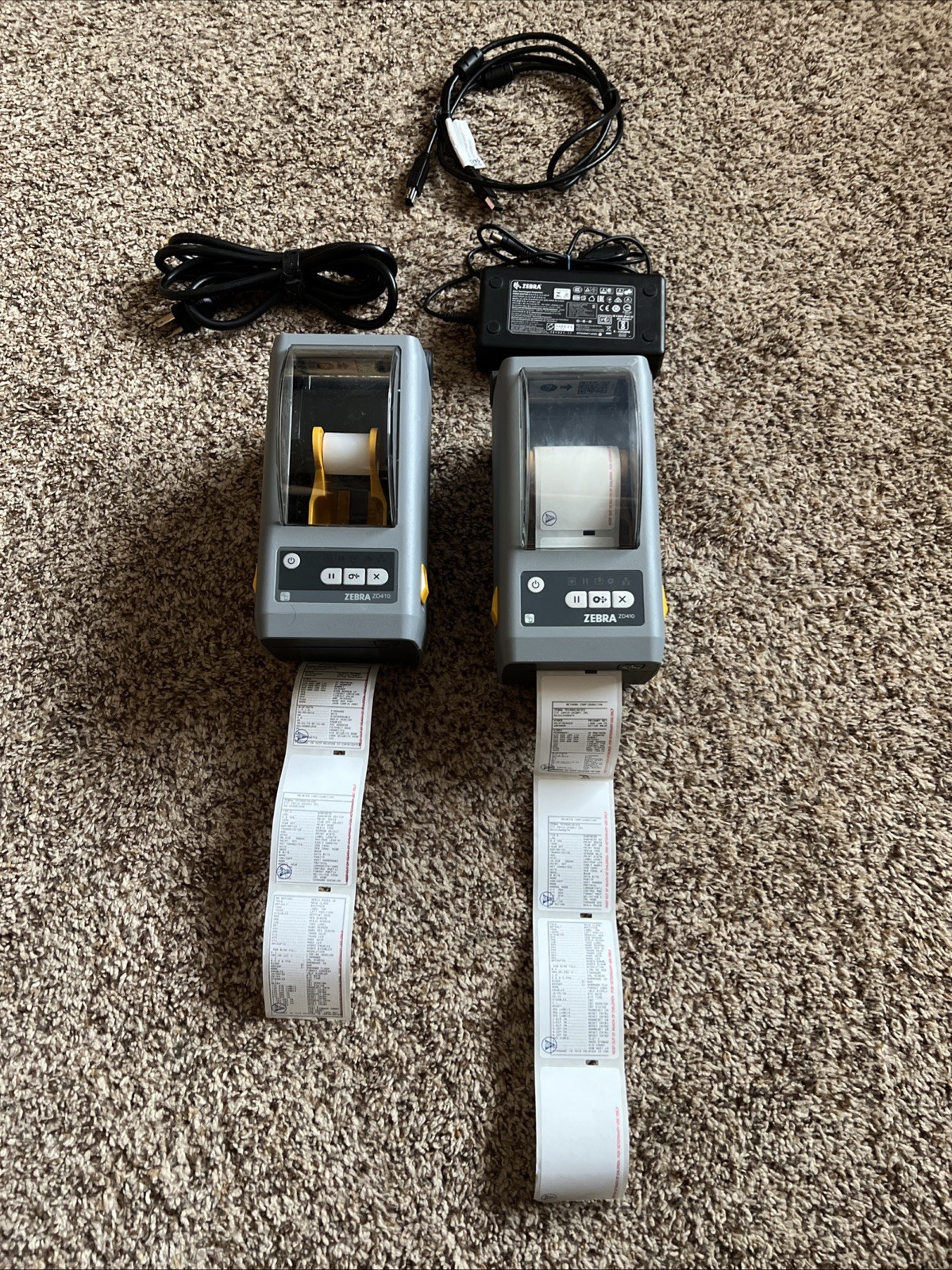 Lot of 2 Zebra ZD410 Thermal Label Printers Tested Working - 1 Power Supply