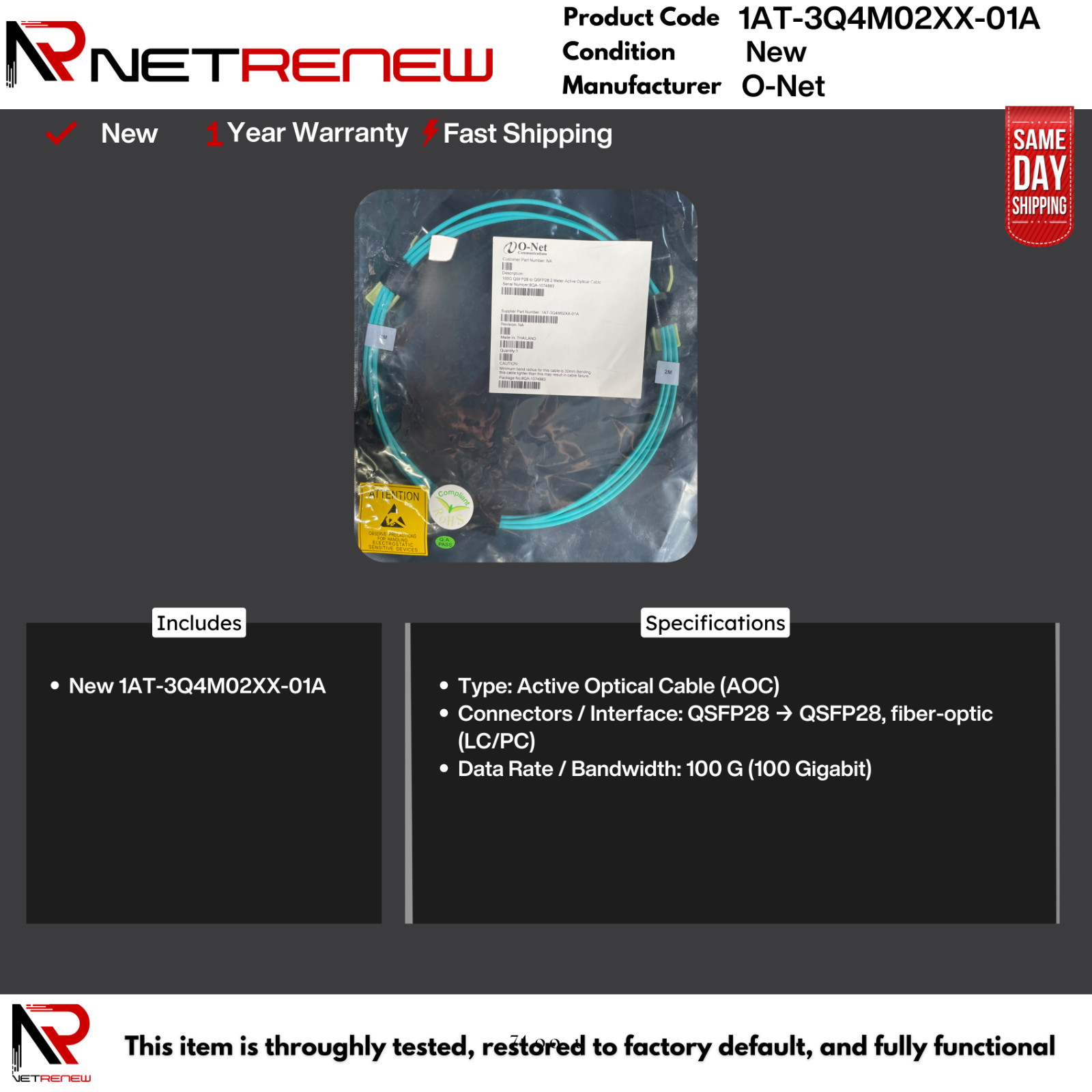 NEW O-Net 1AT-3Q4M02XX-01A Active Optical Cable  QSFP28 to QSFP28 100G 2M AOC