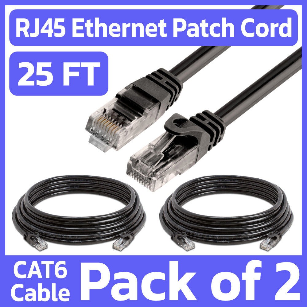 2 Pack 25 FT Cat6 Ethernet Patch Cord Black RJ45 LAN Network Cable Internet Cord