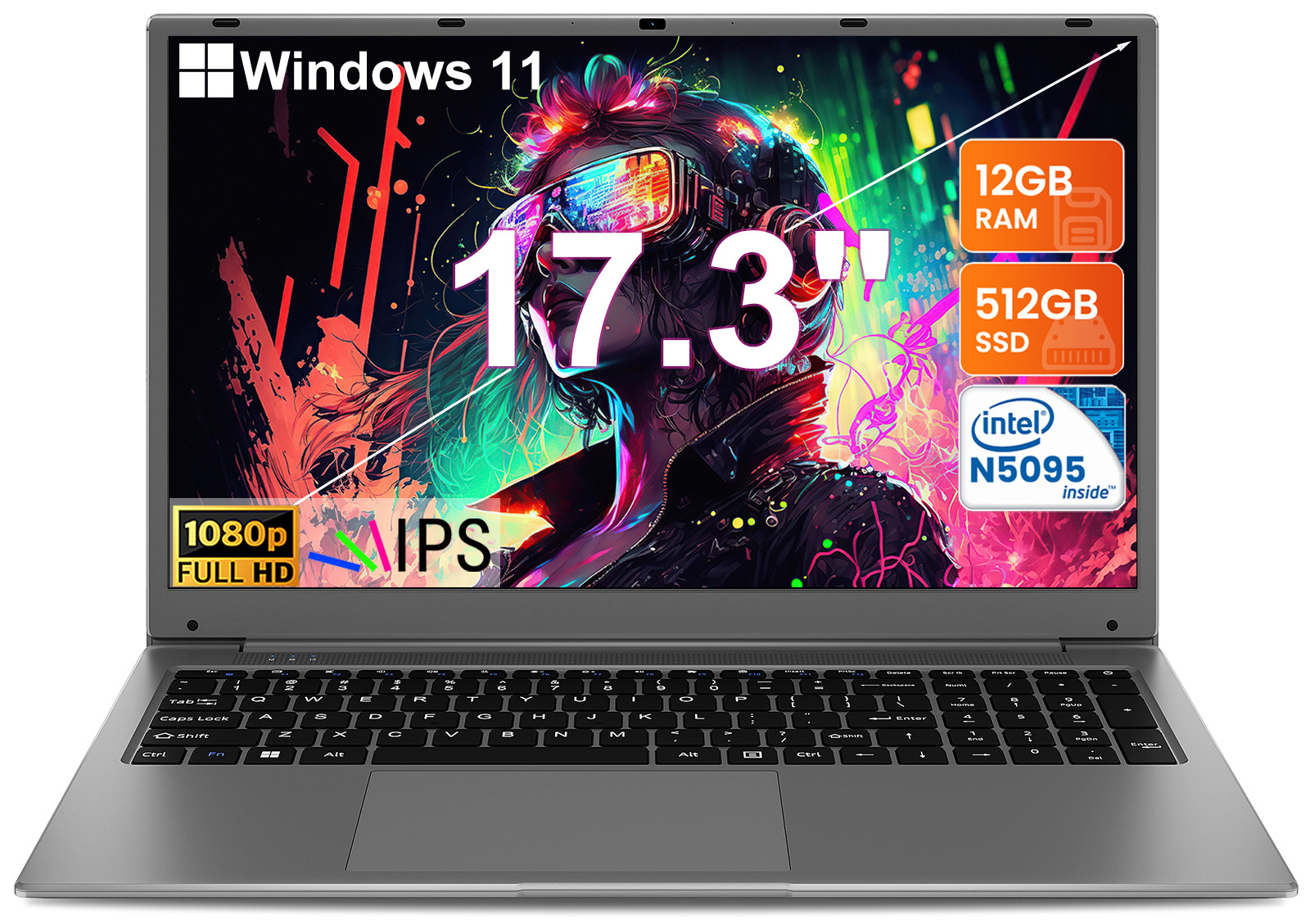 SGIN Laptop 17.3" Windows 11 Notebook Intel Quad-Core 2.9Ghz 12GB RAM 512GB SSD
