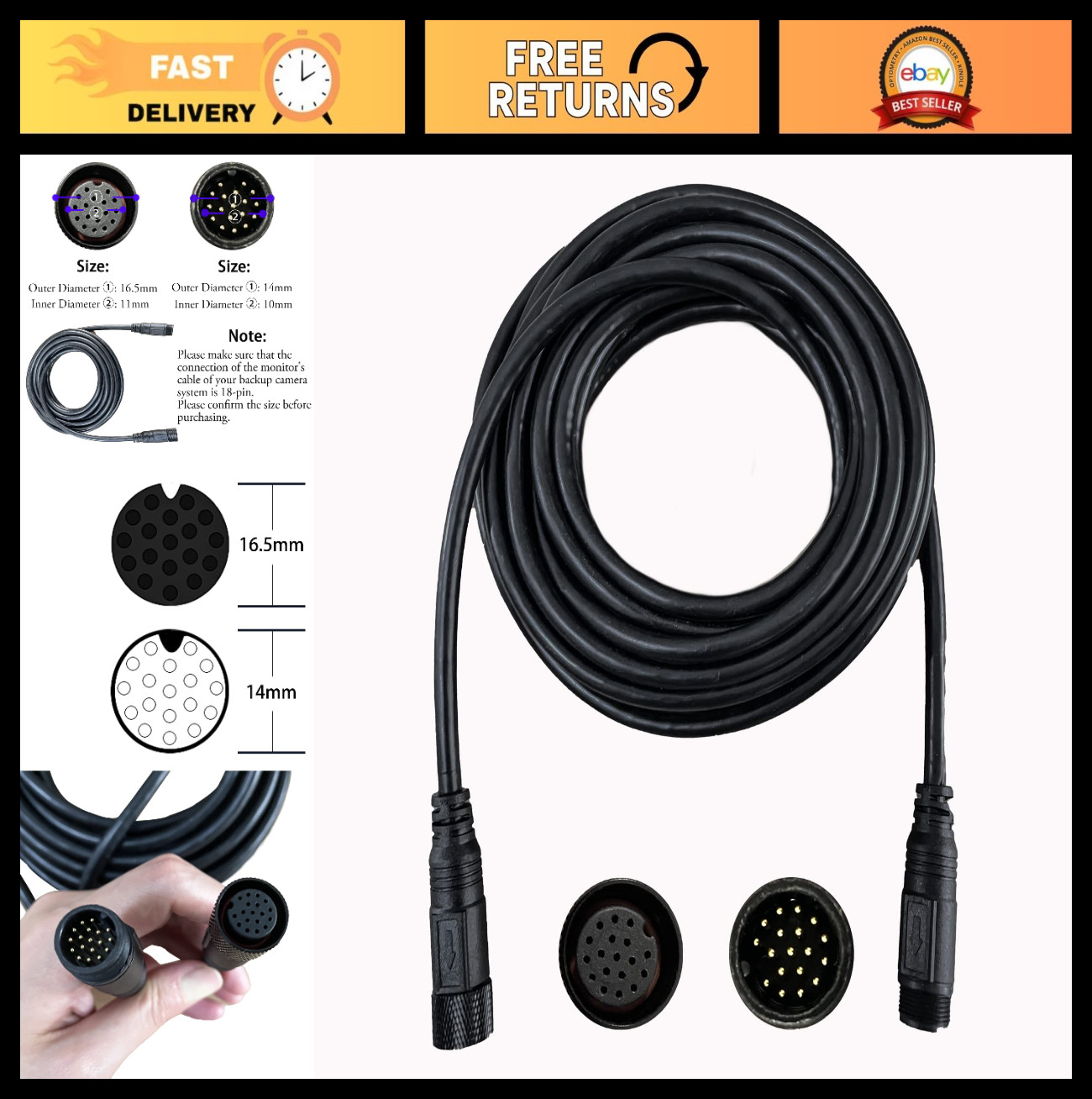 18 Pin Extension Cable for Monitor & Backup Camera System - 5m/16.4ft AV Wire