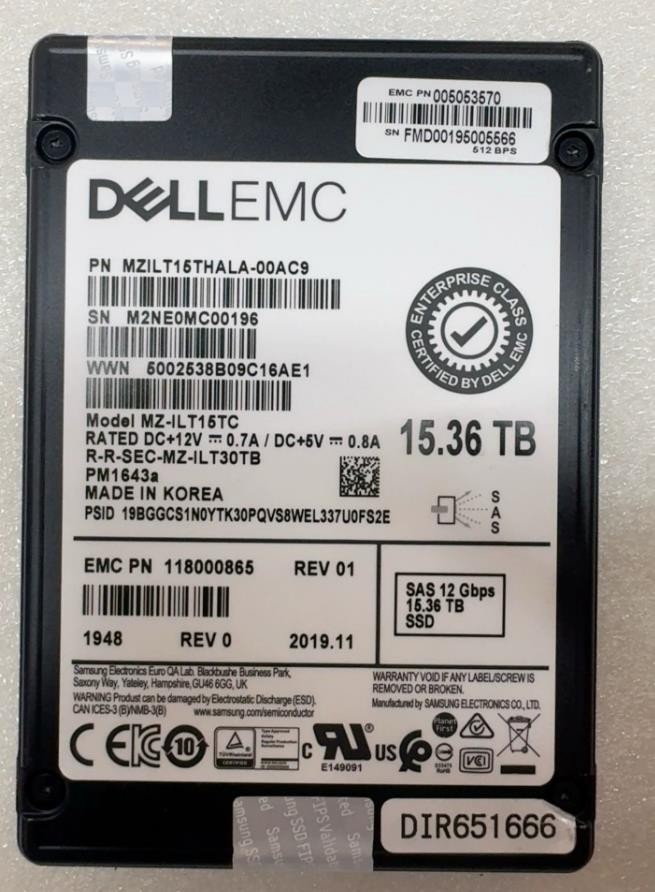 DELL EMC SAMSUNG PM1643A 15.36TB SSD SAS 12Gb/s MZILT15THALA-00AC9 MZ-ILT15TC