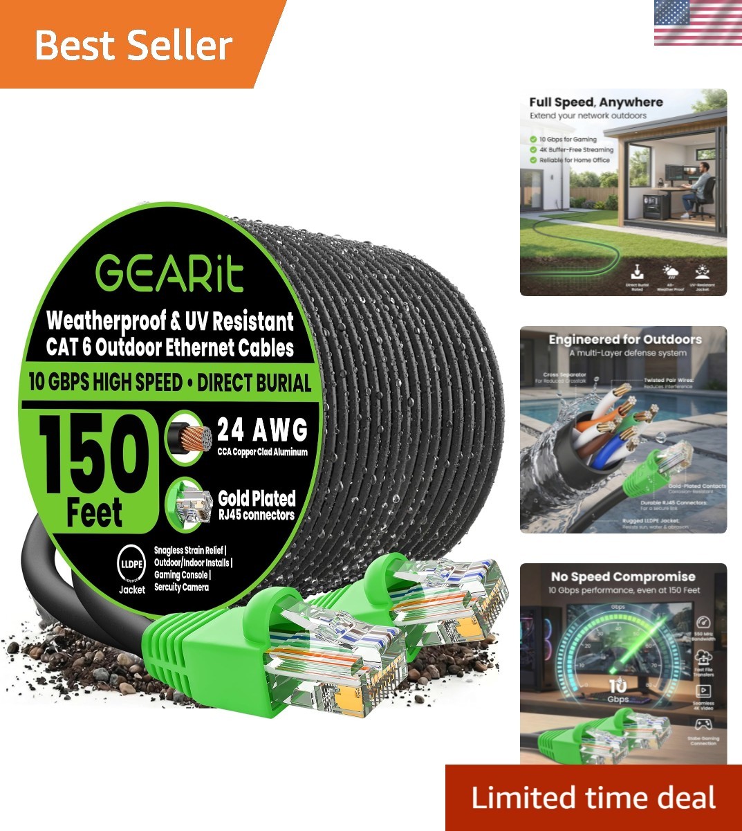 150ft Cat 6 Ethernet Cable - Fast 10Gbps Data Transfer for Outdoor Installations