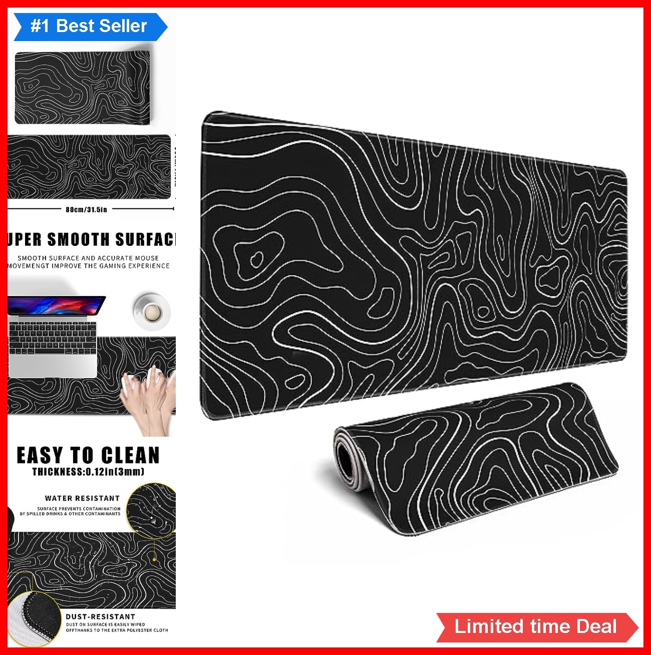 Topographic Contour Gaming Mouse Pad Large XL 31.5x11.8 Inch Extended Desk Mat