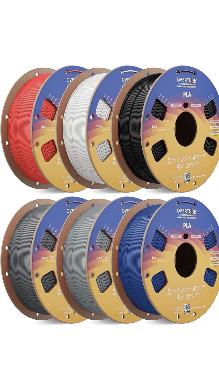 OVERTURE 6KG Bundle PLA Filament 1.75mm, Neatly Wound 3D Printer Filament 6PK