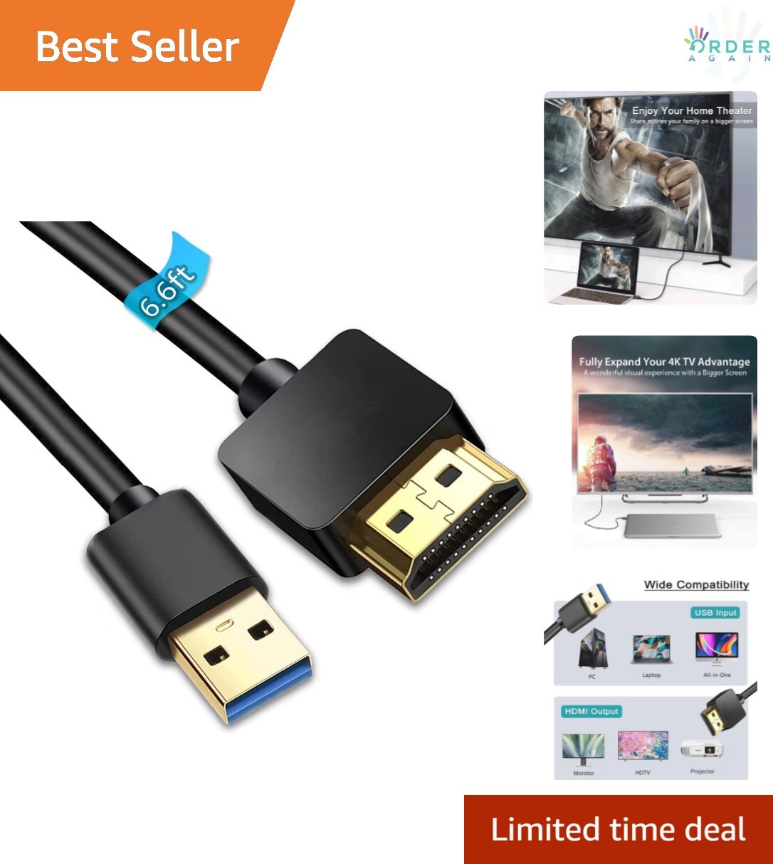 USB 3.0 to HDMI Male Cable - 6.6FT Adapter for Multi-Monitor Setup with Drivers