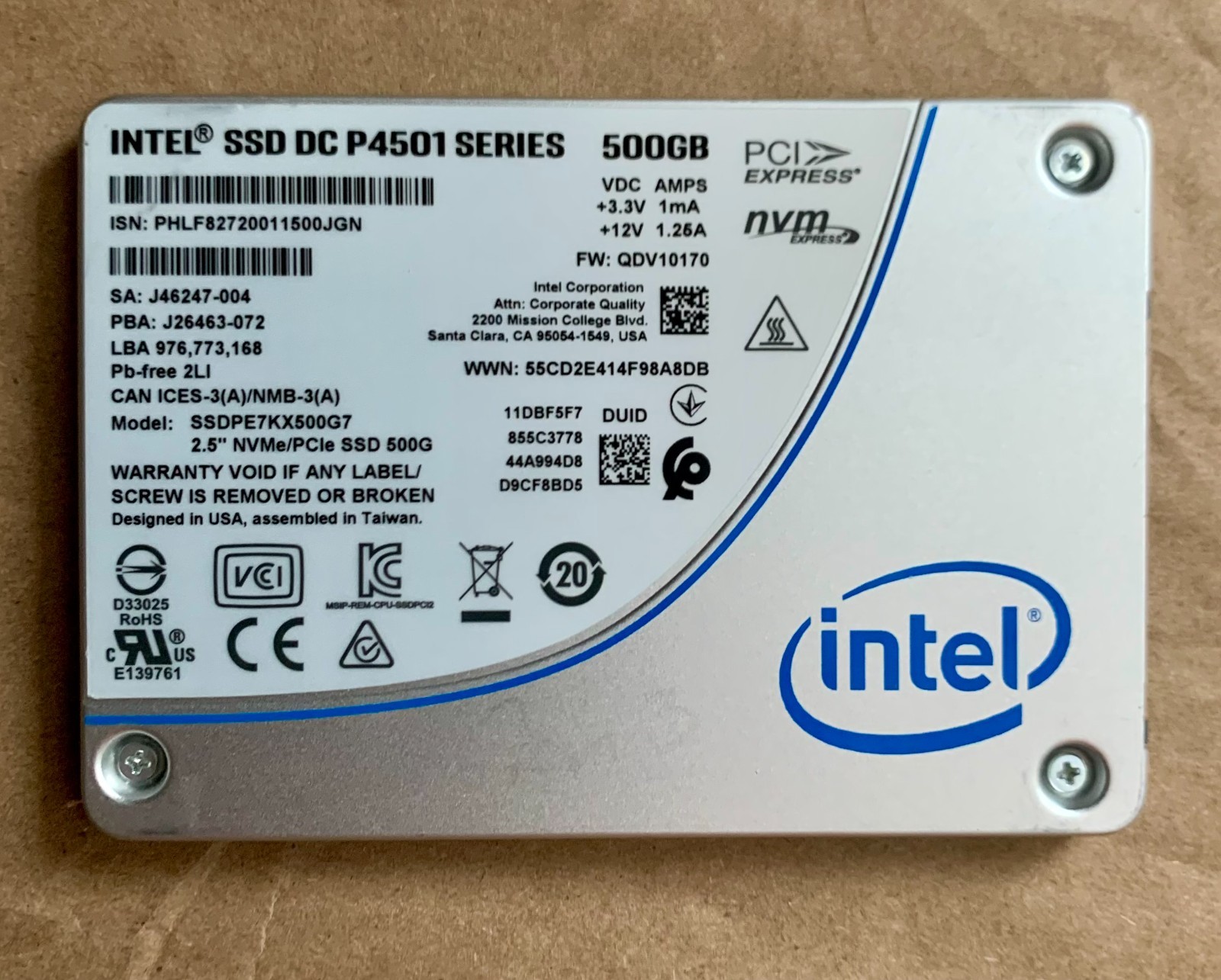 Intel DC P4501 2.5" SSD NVMe PCIe 3.0 Gen 3 x 4 U.2 SSDPE7KX500G7 500GB