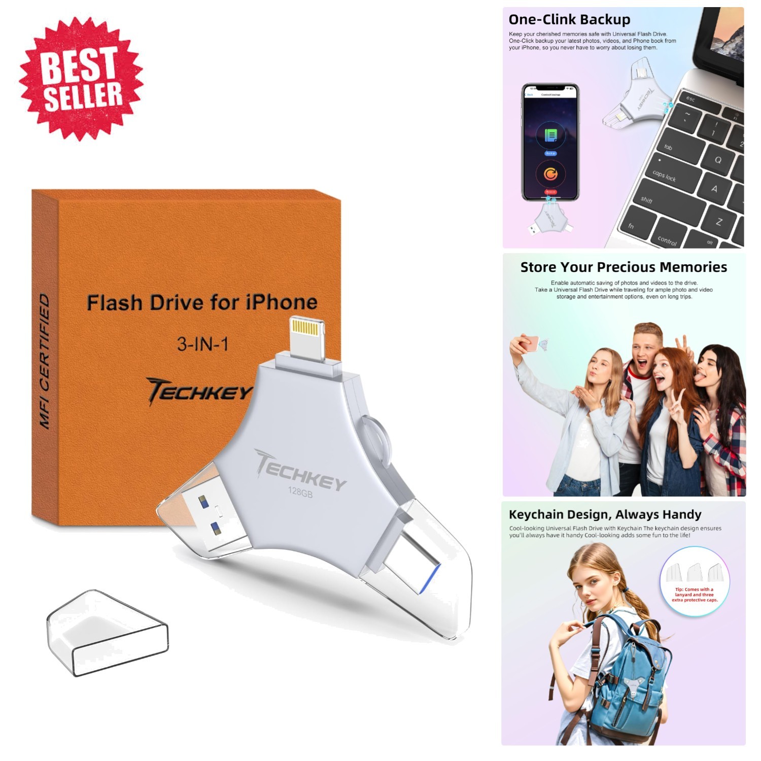 High-Speed 128GB 3-in-1 Flash Drive for iPhone, Android & PC – Wear Resistant