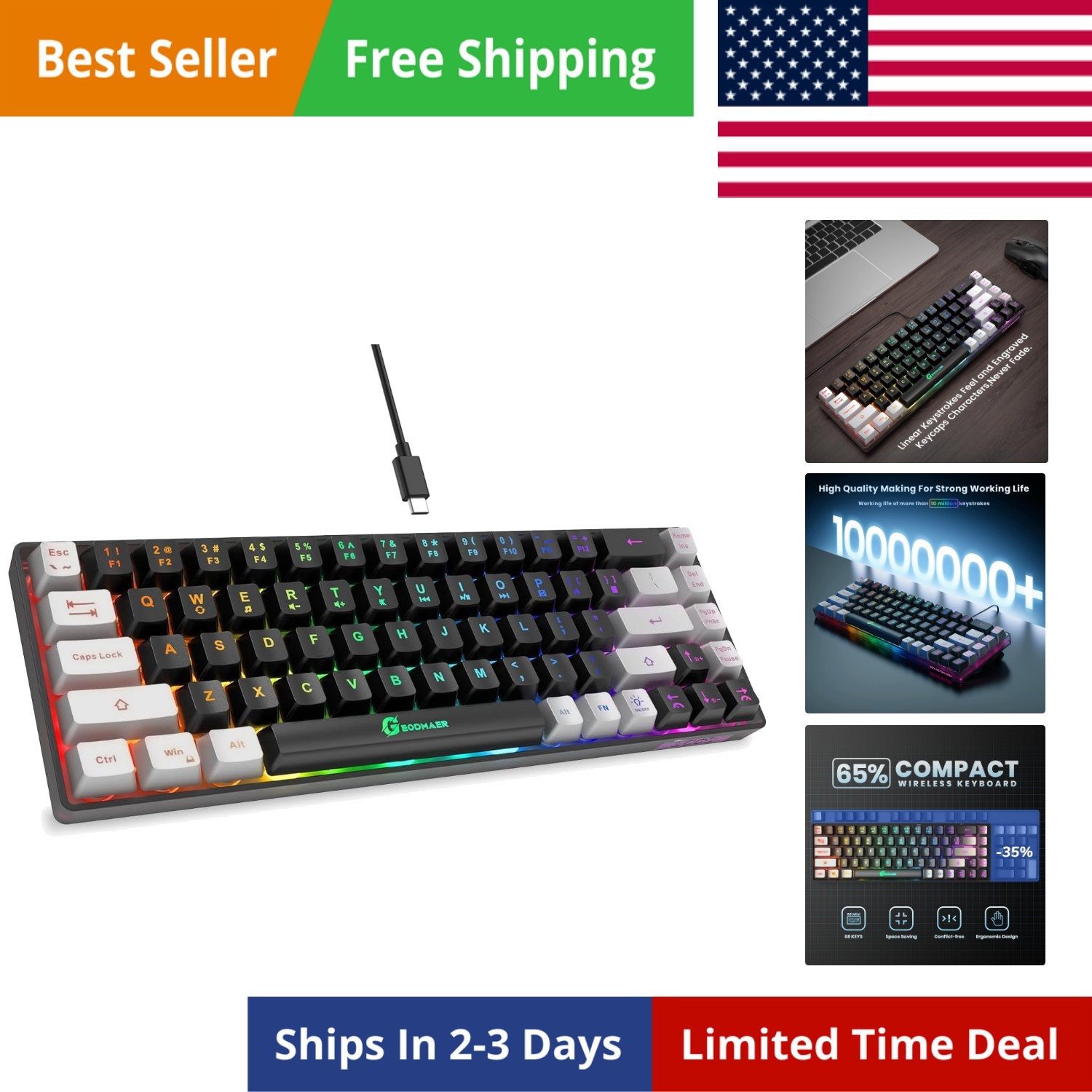 65% Gaming Keyboard, LED Backlit Mini Wired Gaming Keyboard, Ultra-Compact An...