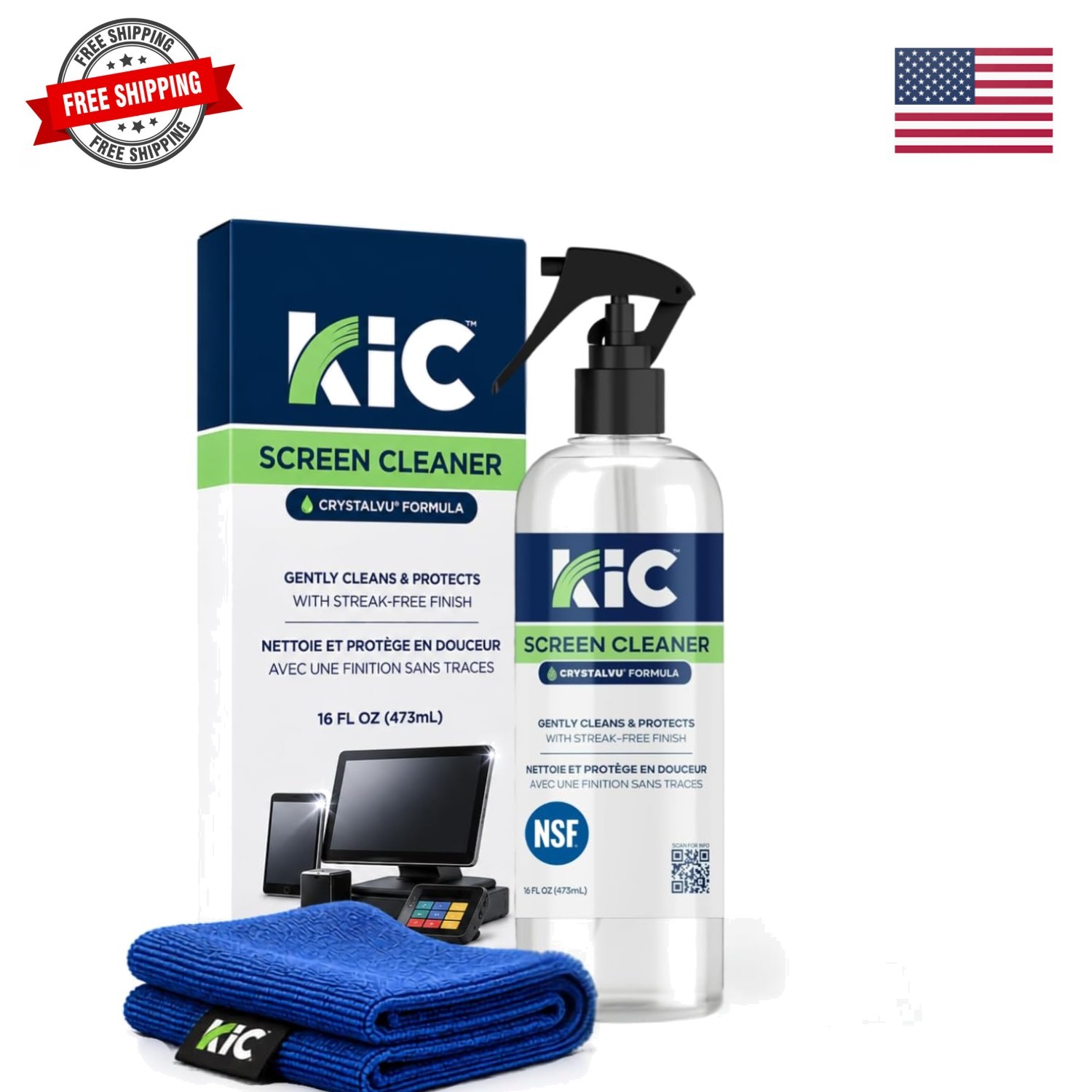 KIC CrystalVu Screen Cleaner Spray Kit 16oz with Microfiber Cloth