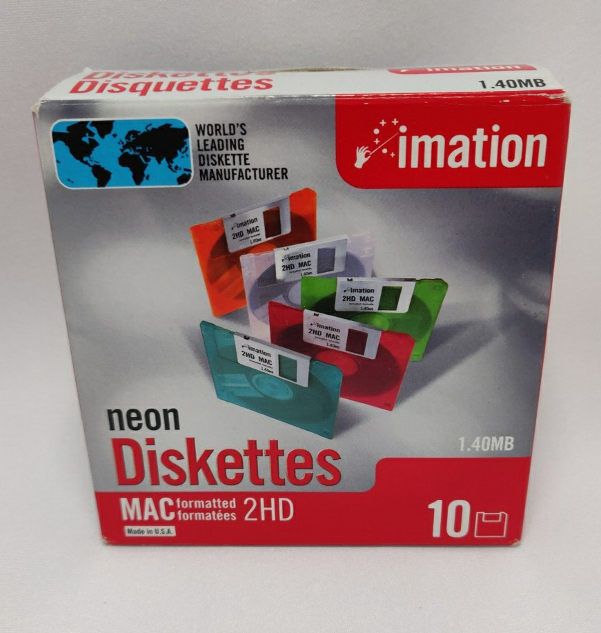 Imation Neon Diskettes MAC Formatted 2HD 1.40 MB 10 PACK Of 3.5 Floppy Open Box