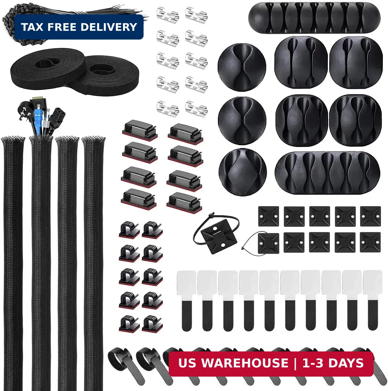 Cable Management Kit - 4 Cable Sleeve, 28 Self Adhesive Cable Clips, 29 Cord Hol