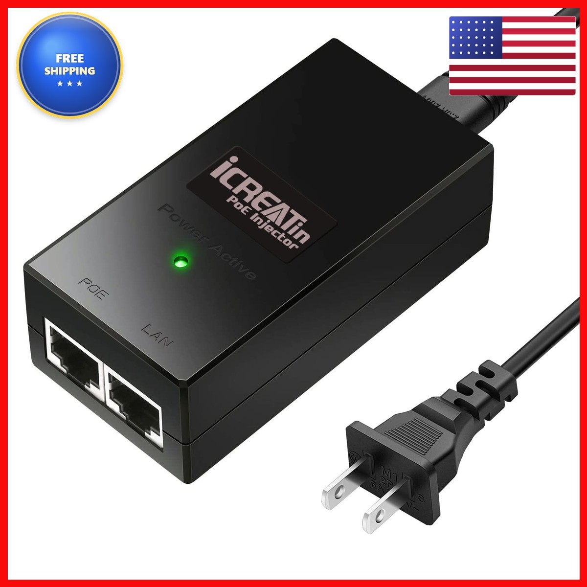 iCreatin 48V PoE Injector Adapter 30W IEEE802.3af/at for Ubiquiti Amcrest