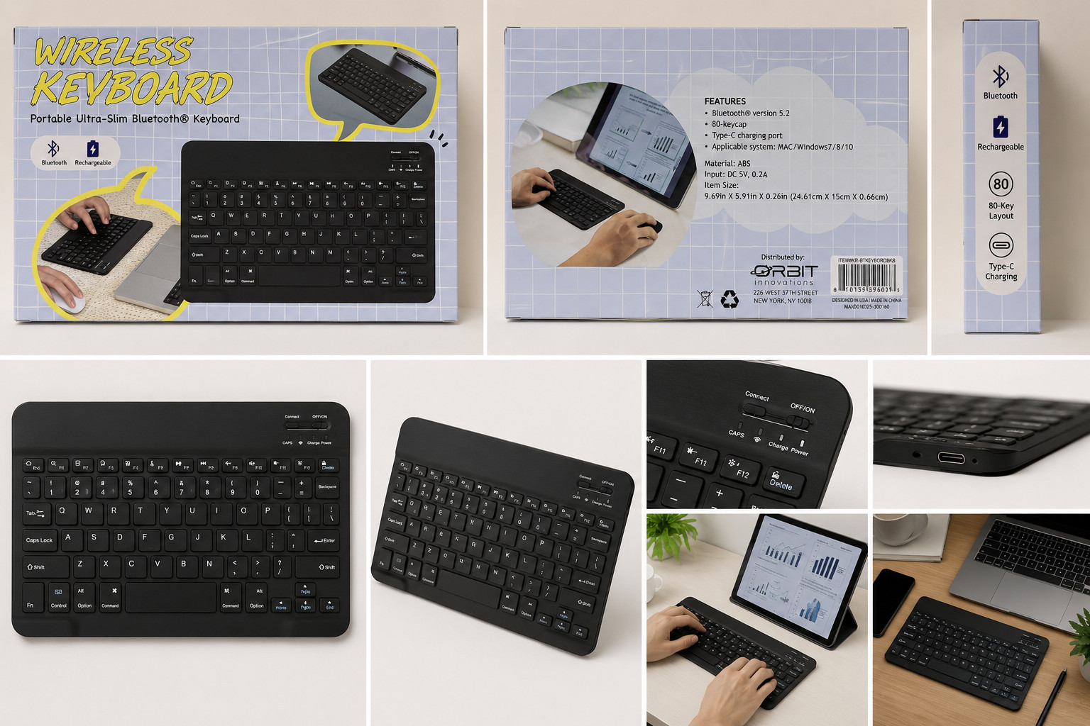 Wireless Bluetooth Keyboard Rechargeable Ultra Slim 80 Keys USB-C Black NEW