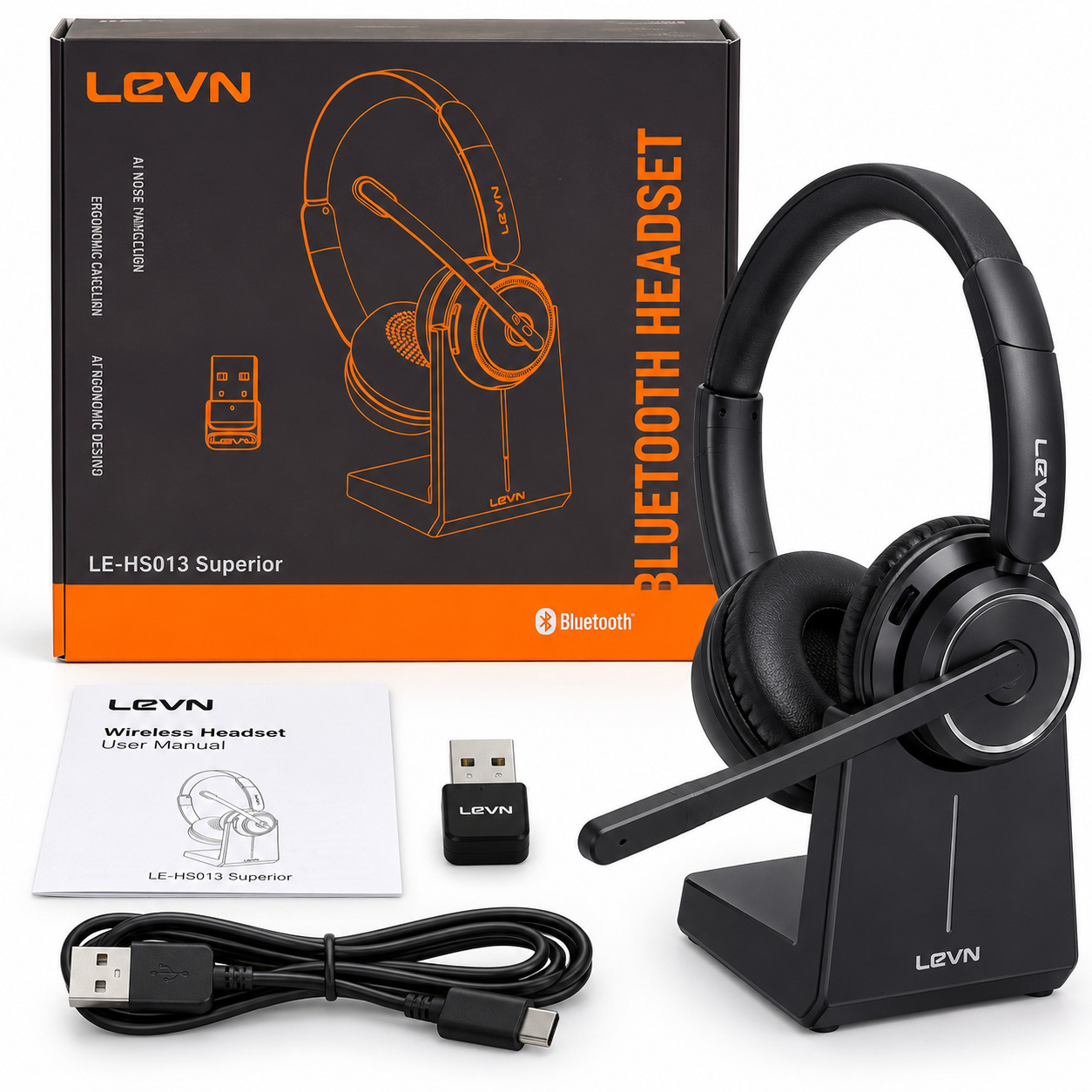 LEVN LE-HS013 Superior Wireless Bluetooth Headset Mic Charging Stand USB