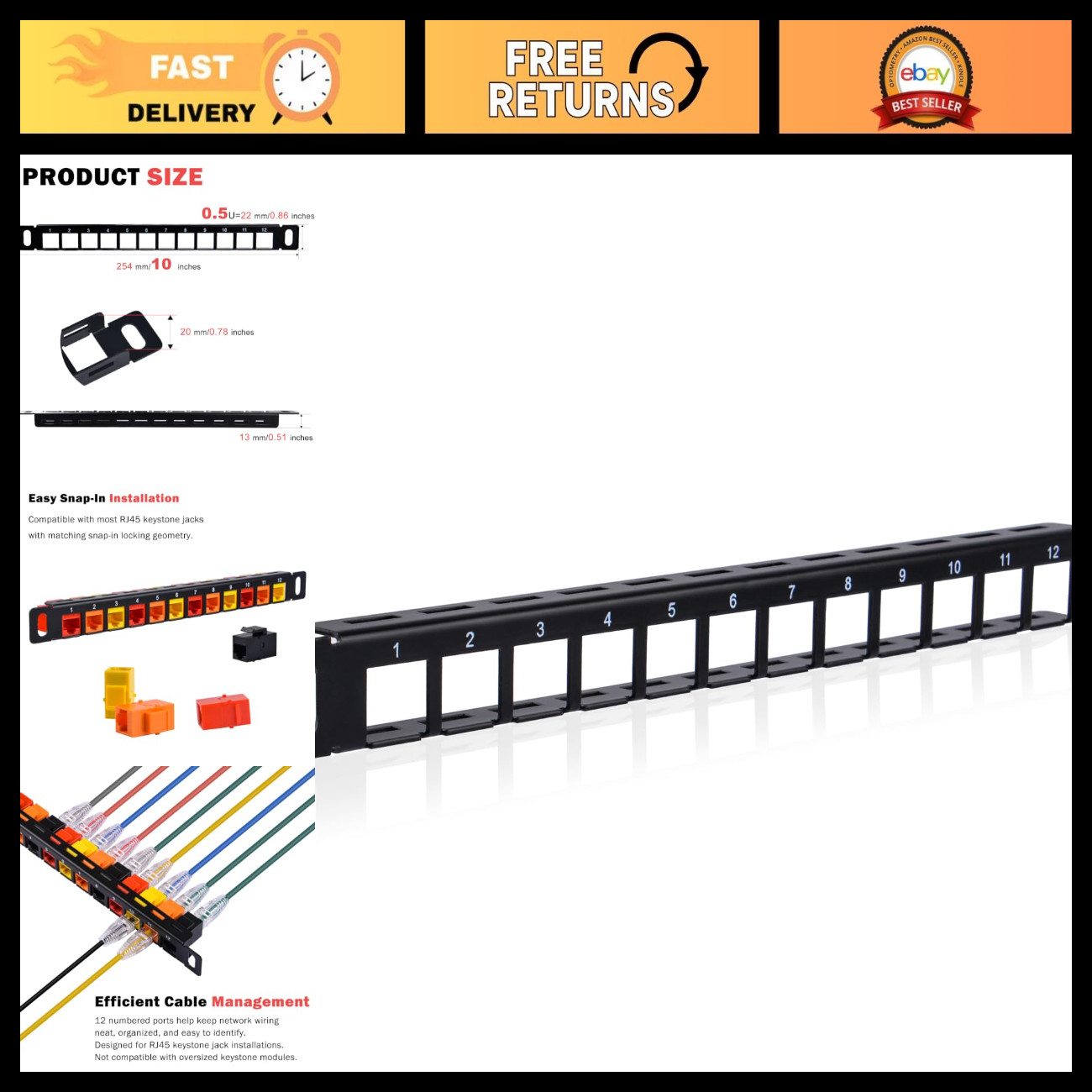 10" 12 Port Blank Keystone Patch Panel for Desk Rack, Ethernet Cable Management