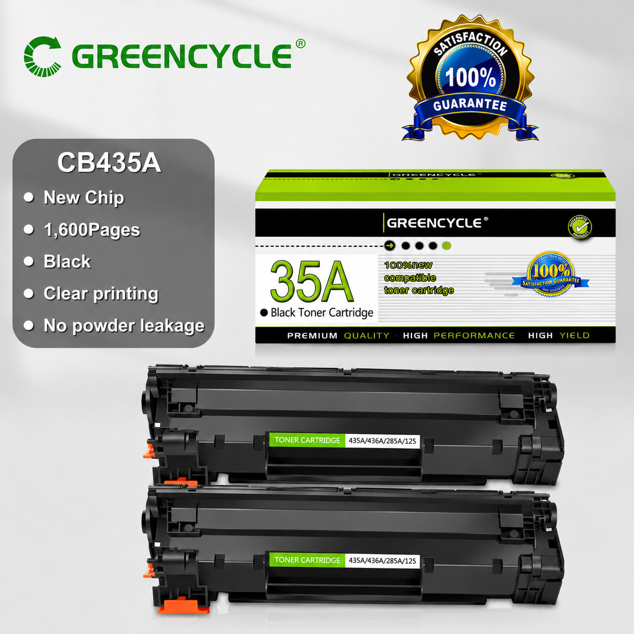 GREENCYCLE 2-Pack CB435A 35A Black Toner for HP LaserJet P1002 P1005 P1006 P1009