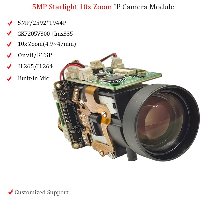 IMX335 5MP IP Camera Module PoE 10x Zoom PTZ Starlight H.265 Mic RJ45 Onvif RTSP