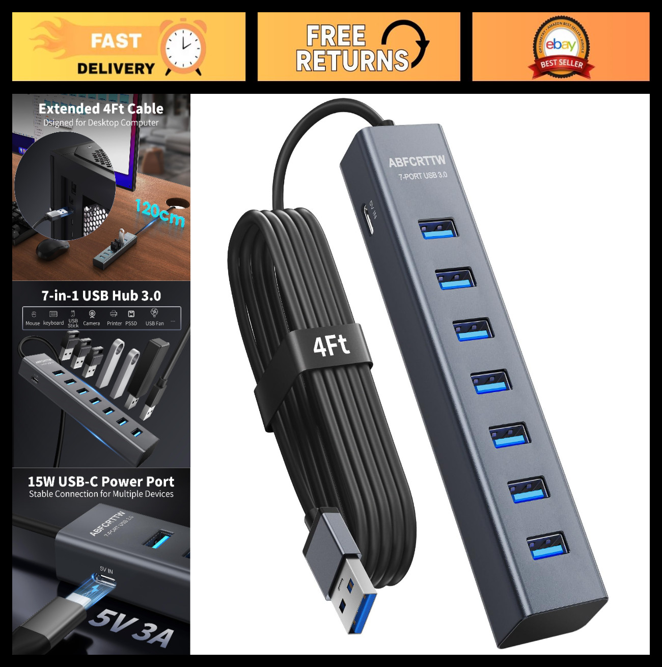 7-Port USB 3.0 Hub with 1.2m Cable - Aluminium Multiport Adapter, Fast 5Gbps Spl