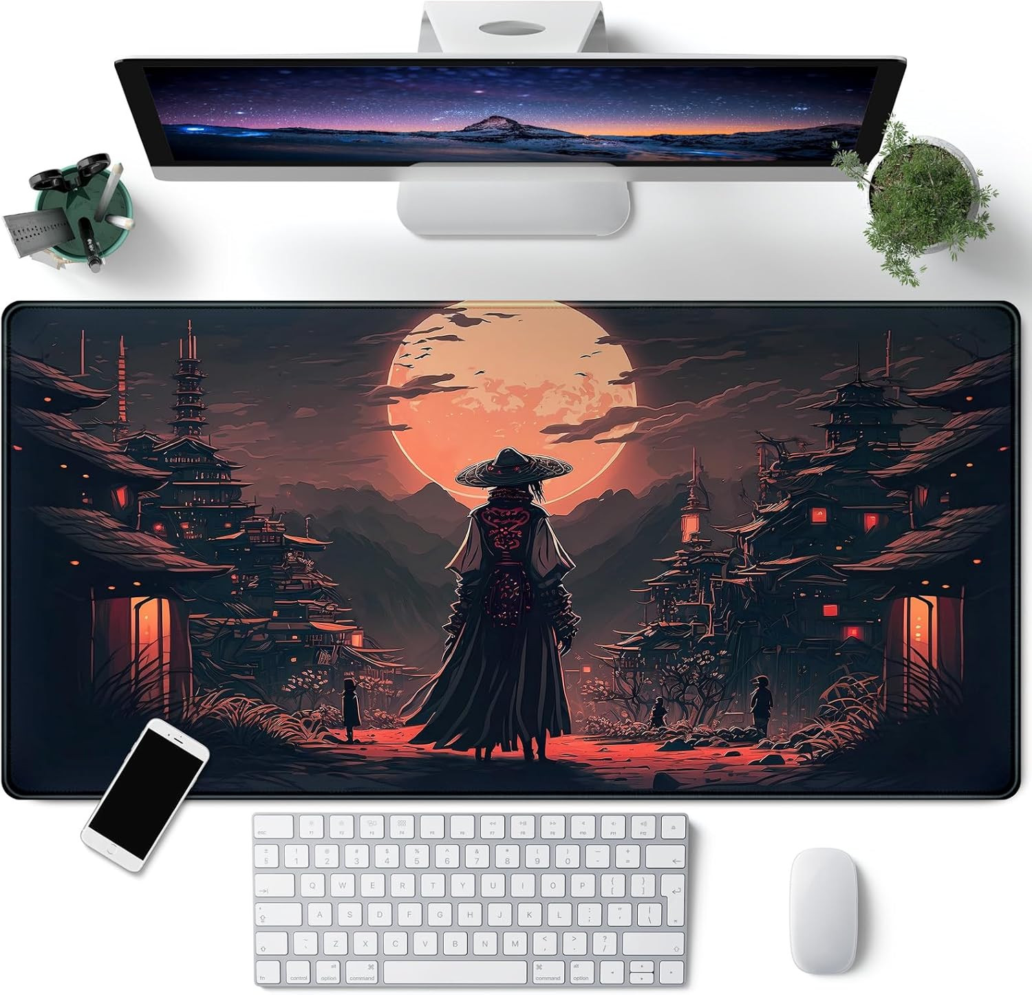 Japanese Landscape Desk Mat Post Moonlight Samurai Mouse Pad Large Dark Aestheti