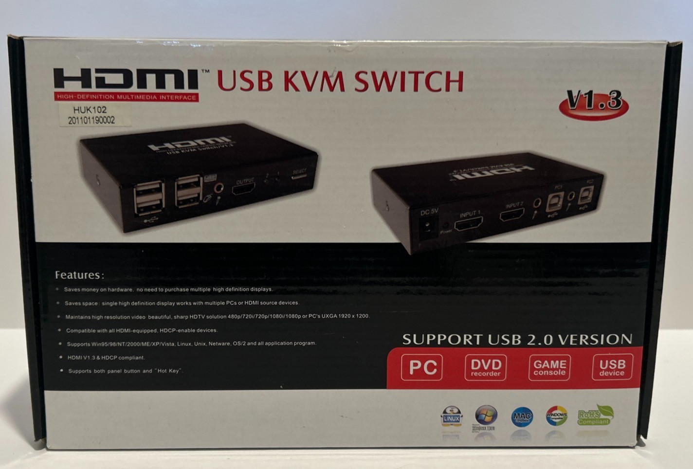 HDMI USB KVM Switch V1.3 2-Port USB 2.0 PC Game Console Switcher HUK102 Open Box