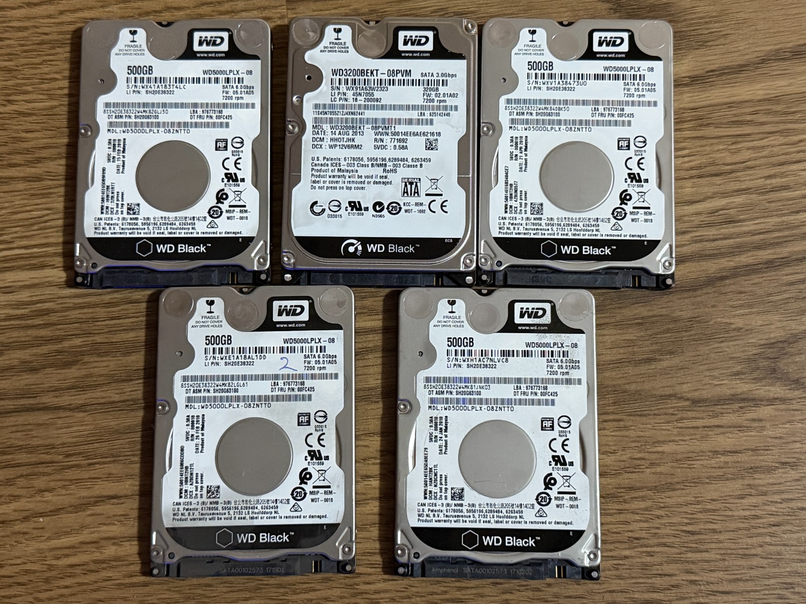 Lot of 5 Western Digital WD Black 500 GB 2.5 in SATA III Hard Drive - R1044