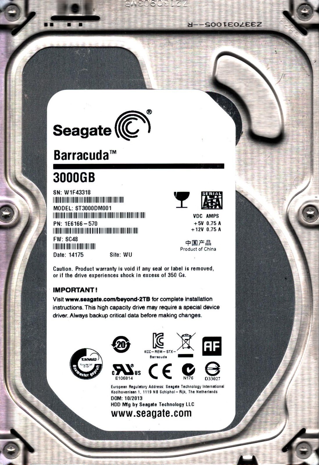 ST3000DM001 P/N: 1E6166-570 F/W: SC48 S/N: W1F4 WU 3TB OCT 2013 CHINA SEAGATE