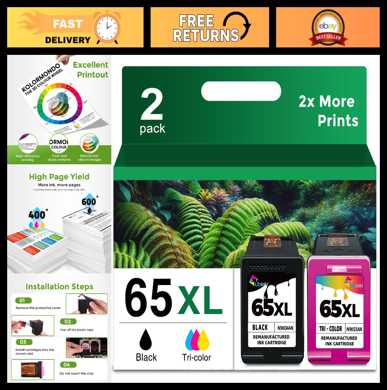 High Yield 65XL Ink Cartridges Combo Pack - Black & Color for HP Printers (2 Pac