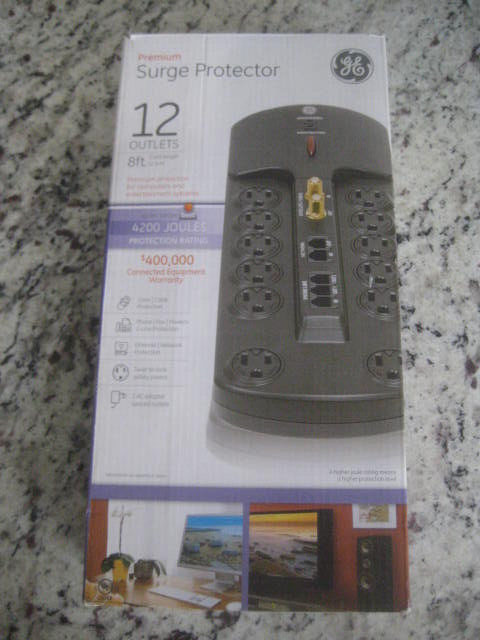 GE PREMIUM 12 Outlet Surge Protector 8 ft Long Cord 4200 Joules Router Plugs NEW