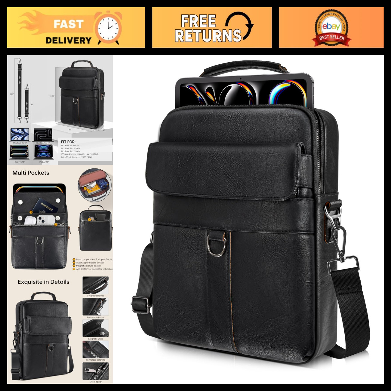 13" Leather Laptop Shoulder Bag Case for MacBook Air/Pro & iPad - Stylish & Dura