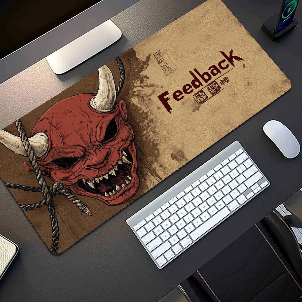 A Large Mouse Pad Featuring a Demon Mask And Japanese-Style Patterns, Designed