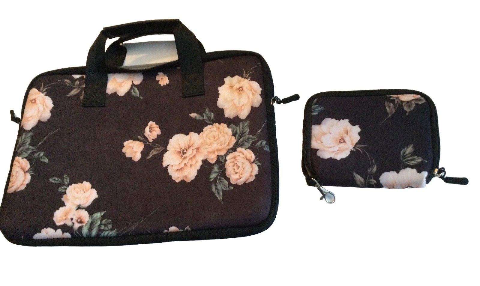 13.5” Laptop Sleeve Case Computer Bag With Small Matching Black Floral Rose Case