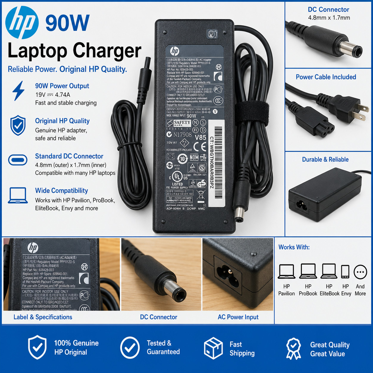 Hp 90w Genuine Original AC Power Adapter Charger - Big Barrel 74*50