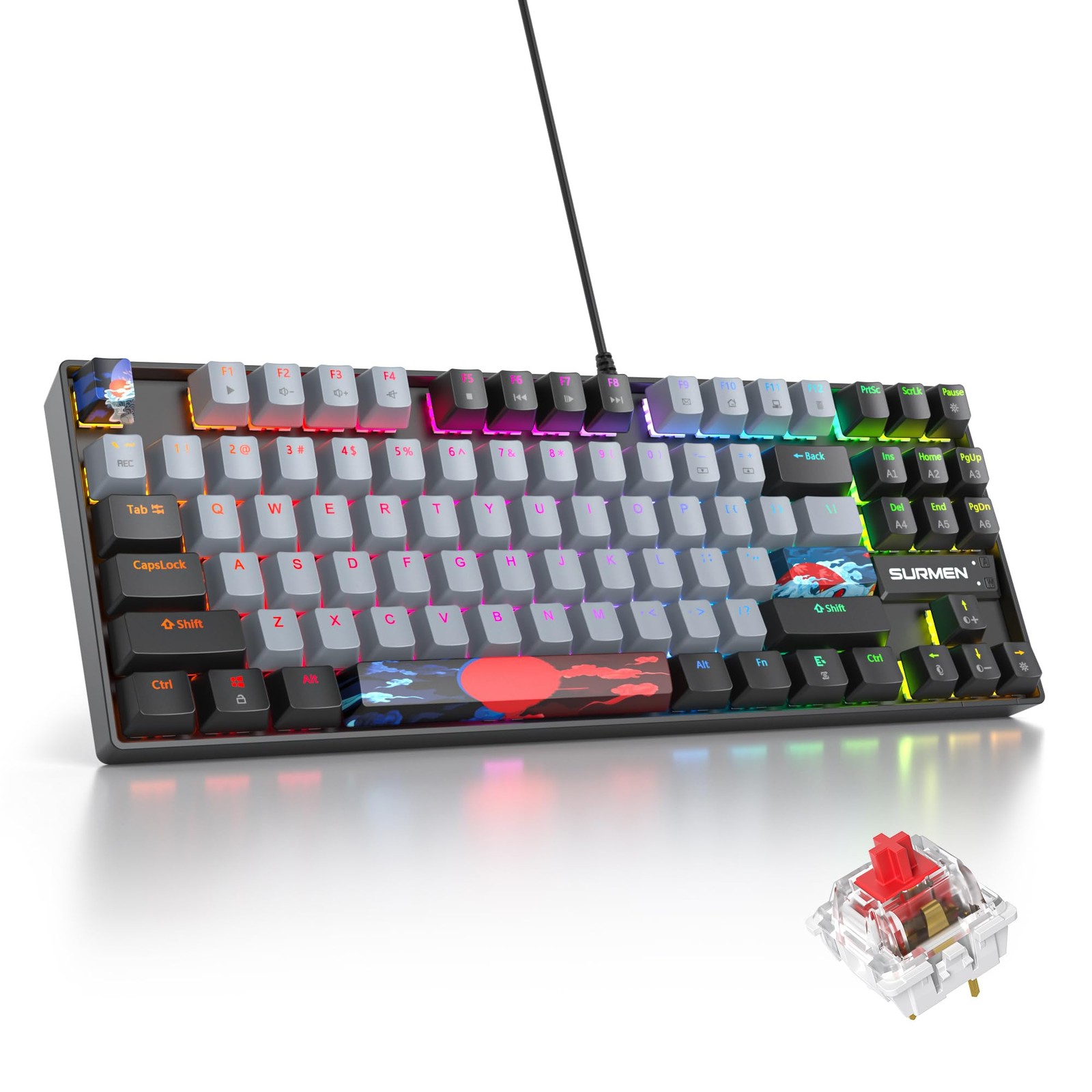 Grey 87 Dolch 75% Wired Mechanical Gaming Keyboard Red Switch TKL RGB 87 Keys