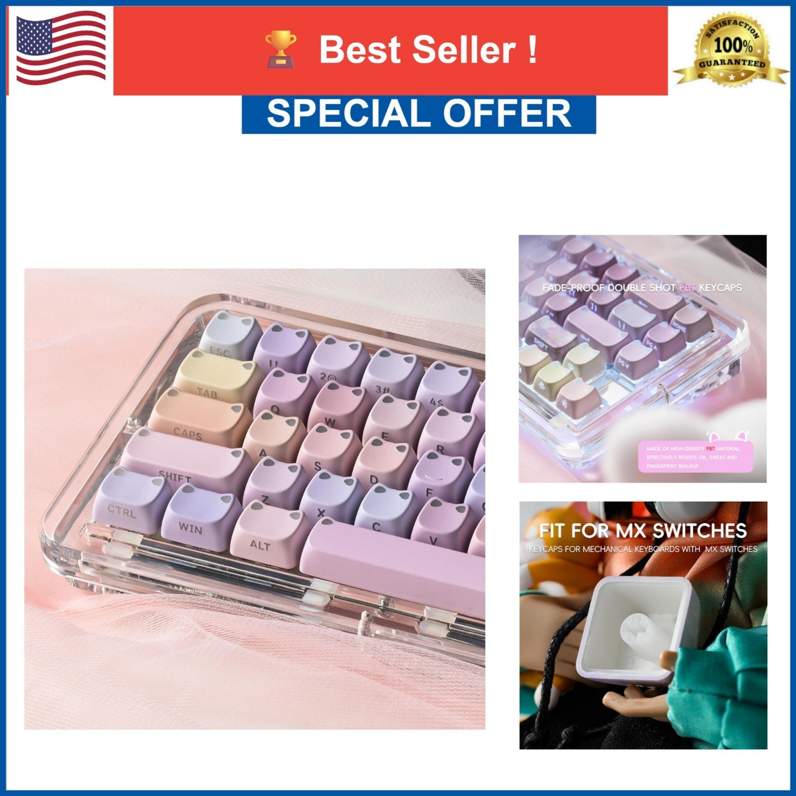 Lumicat Shine Through PBT Keycaps Set, Cute Cat Keycaps for Mechanical Keyboard