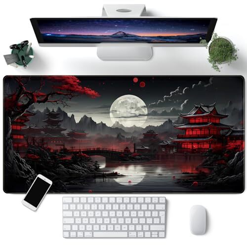 Japanese Desk Mat Riverside Full Moon Desk Pad Black Red Large Mouse Pad Gami...