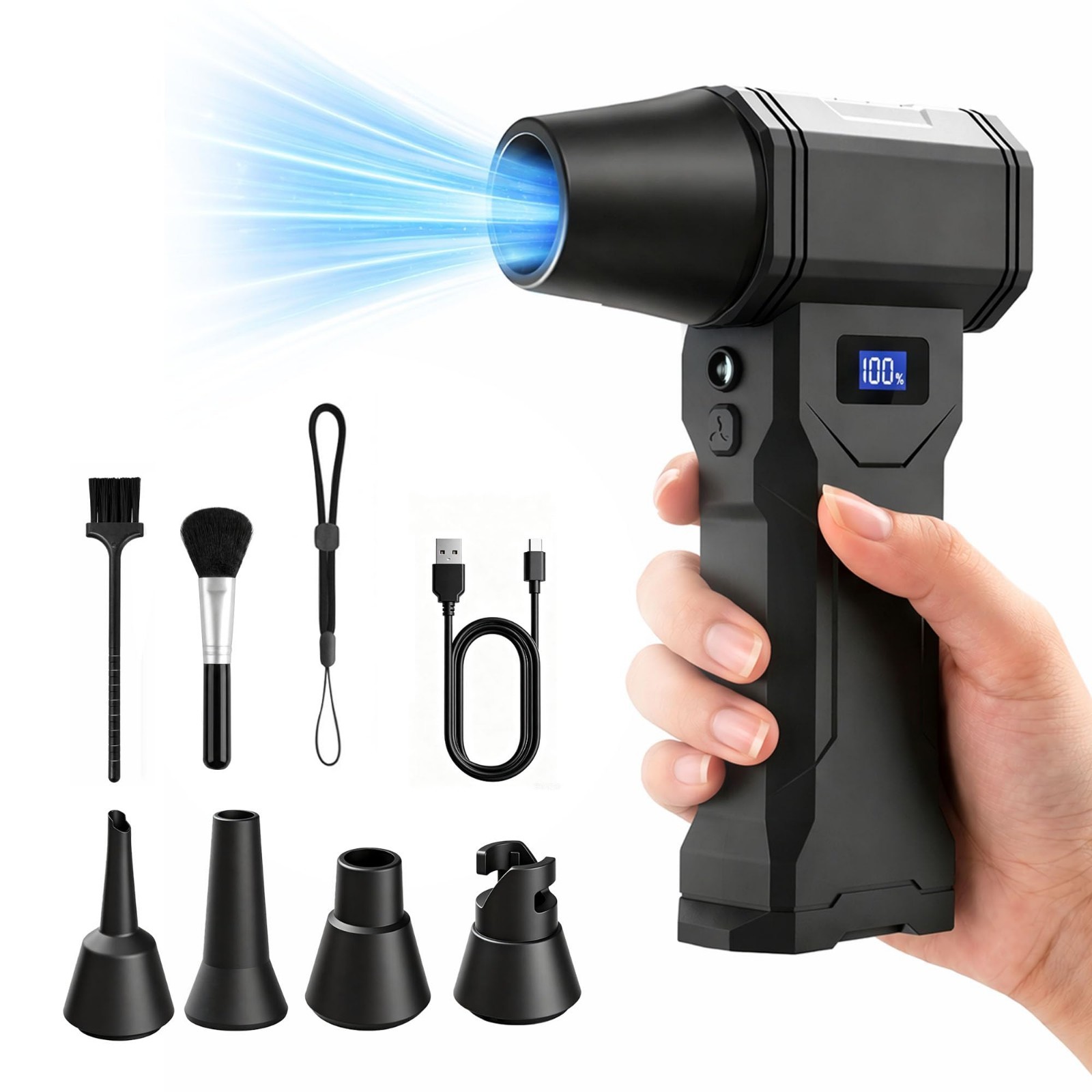 High-Powered Cordless Air Duster, 130K RPM, 4-Speed, Rechargeable, LED Light, 5