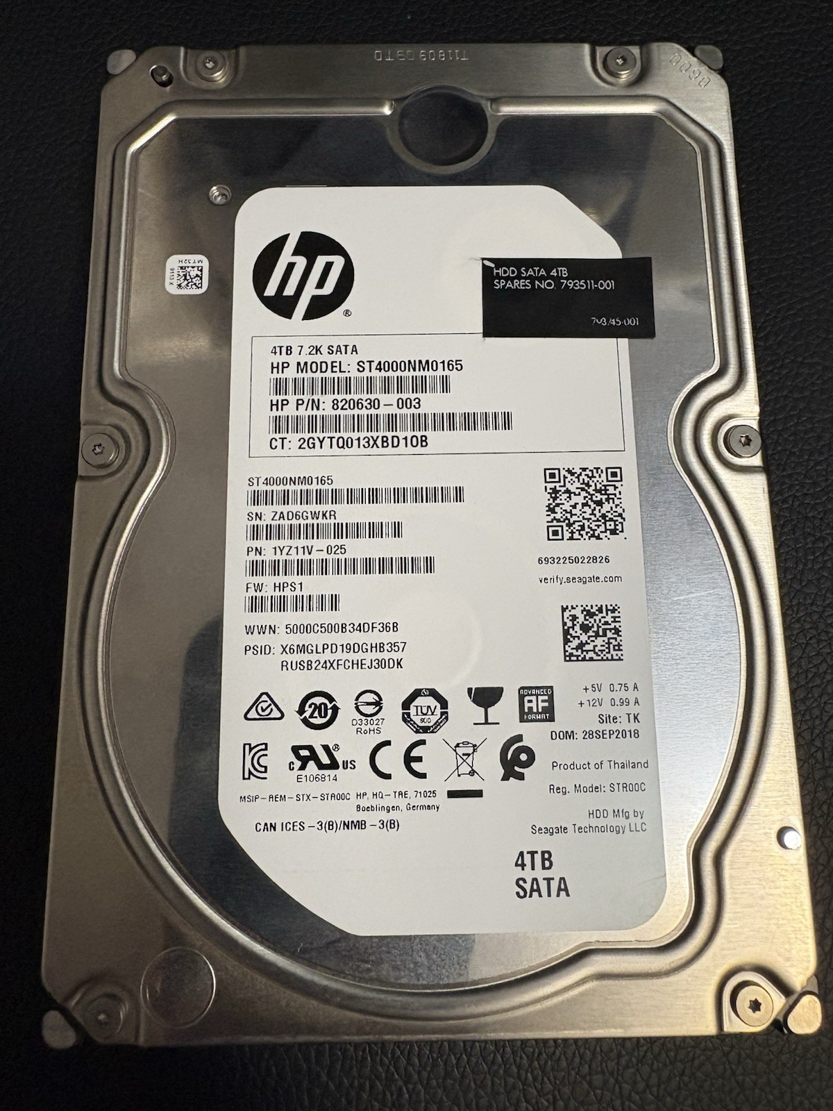Seagate 4TB SATA Hard Drive 7200 RPM - HP Spare ST4000NM0165 3.5 HDD