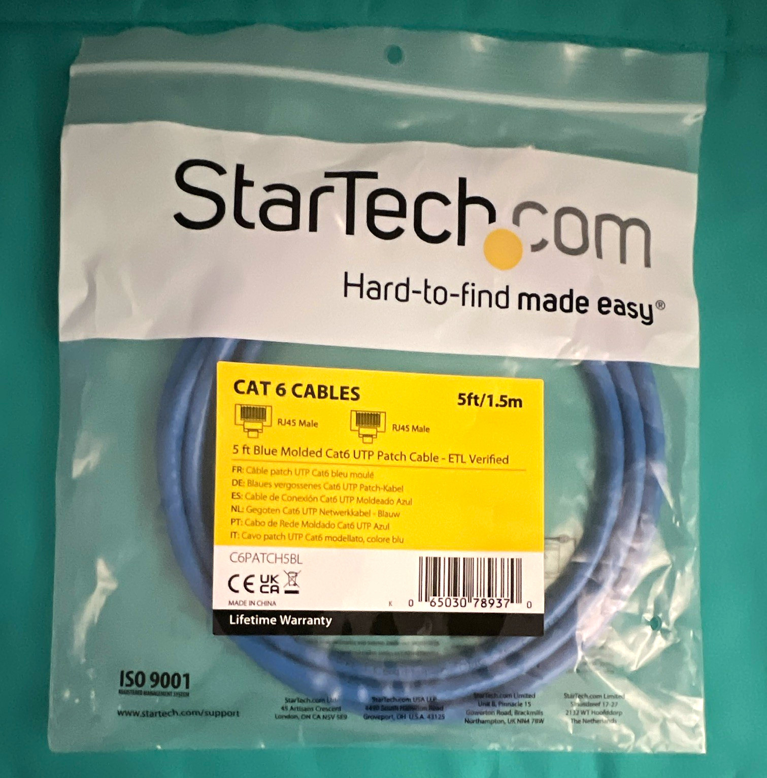 StarTech.com Cat6 RJ-45 to RJ-45 Ethernet Patch Cable 5ft Blue C6PATCH5BL
