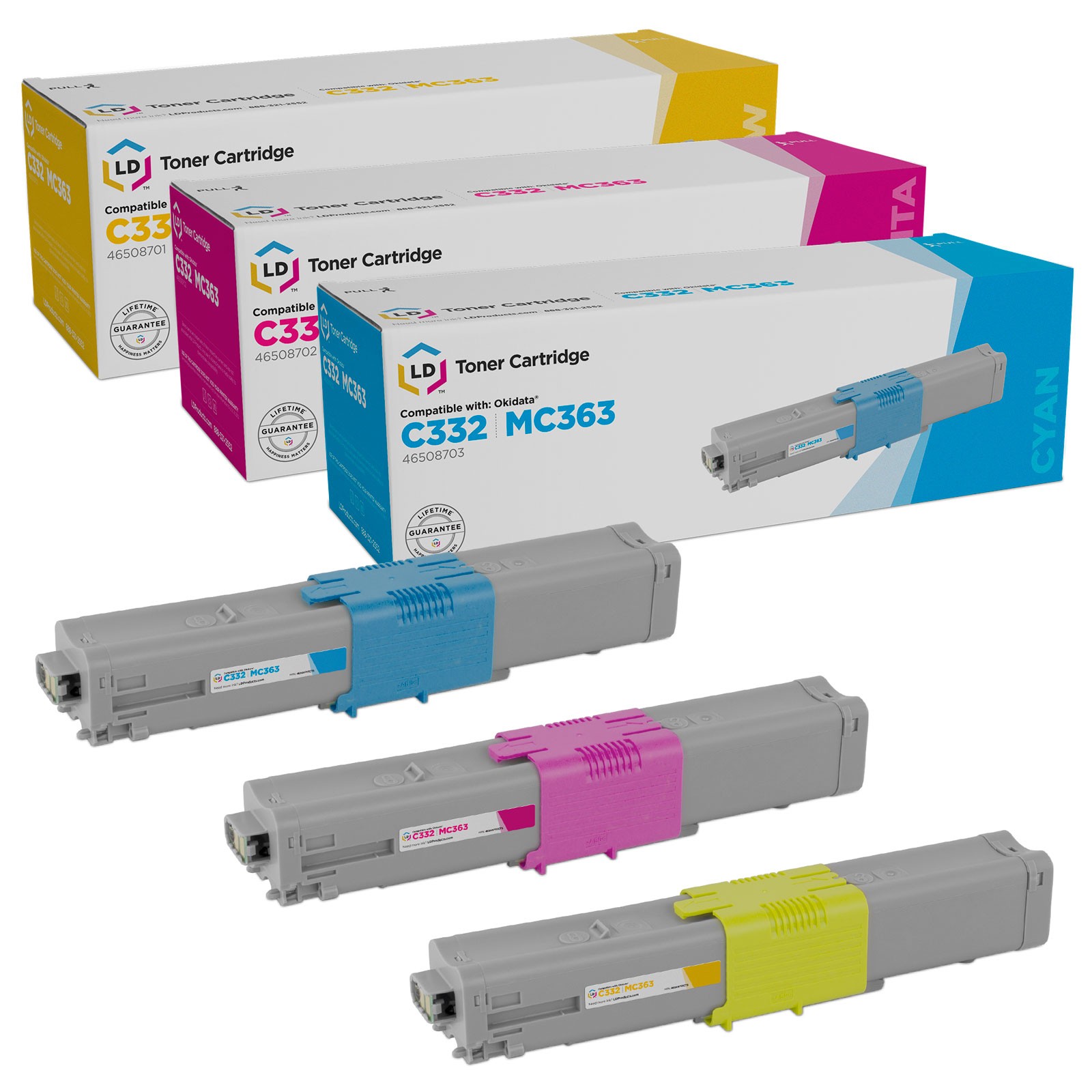 LD Compatible Okidata C332dn & MC363dn Toners: Cyan, Magenta, Yellow 3-Pack