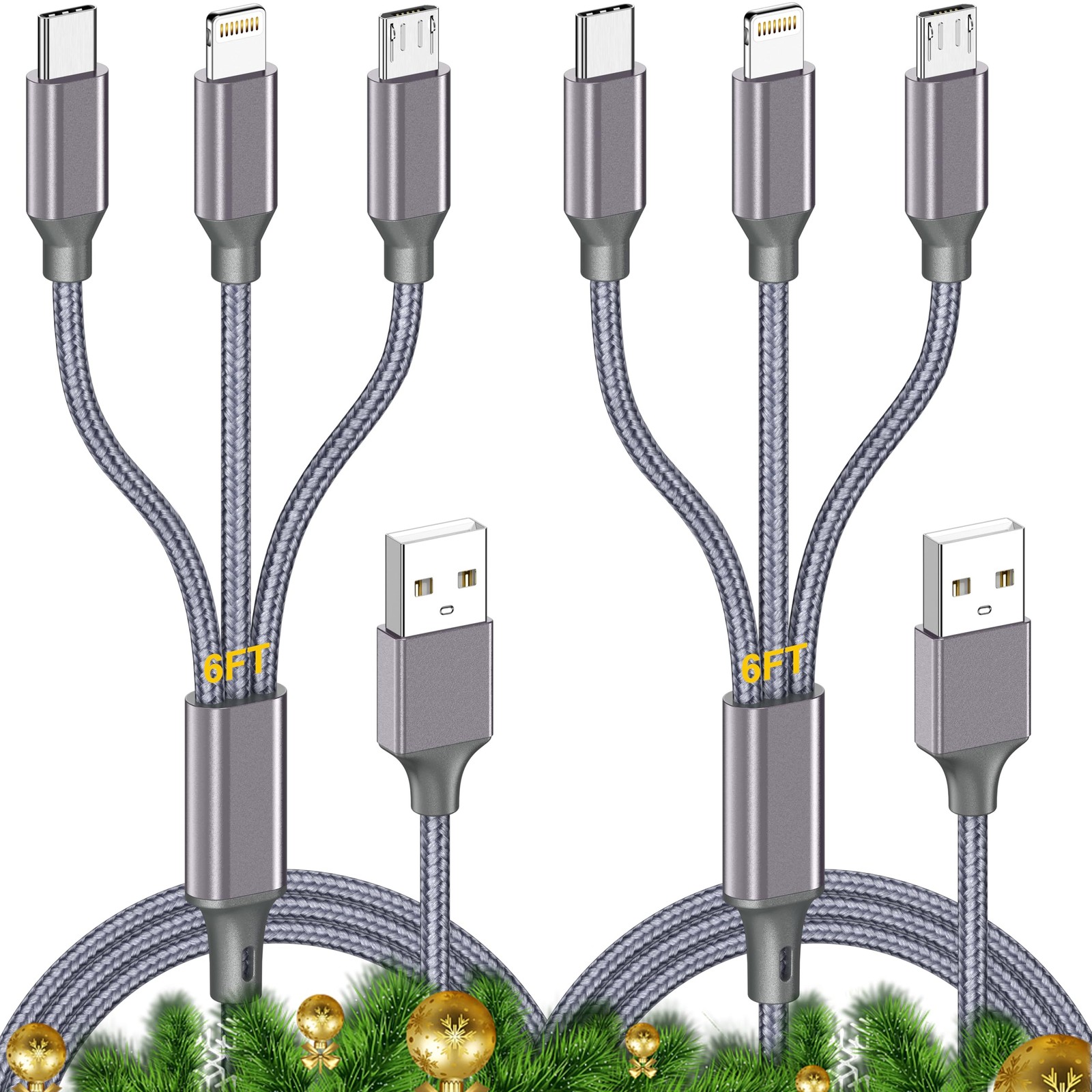 Multi Charging Cable (6ft 2Pack),3 in 1 USB 6 feet, Grey-6ft 