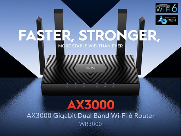 Cudy AX3000 4-Port Gigabit Mesh Wi-Fi 6 Router, 5 in 1 Modes, WR3000 V2.0