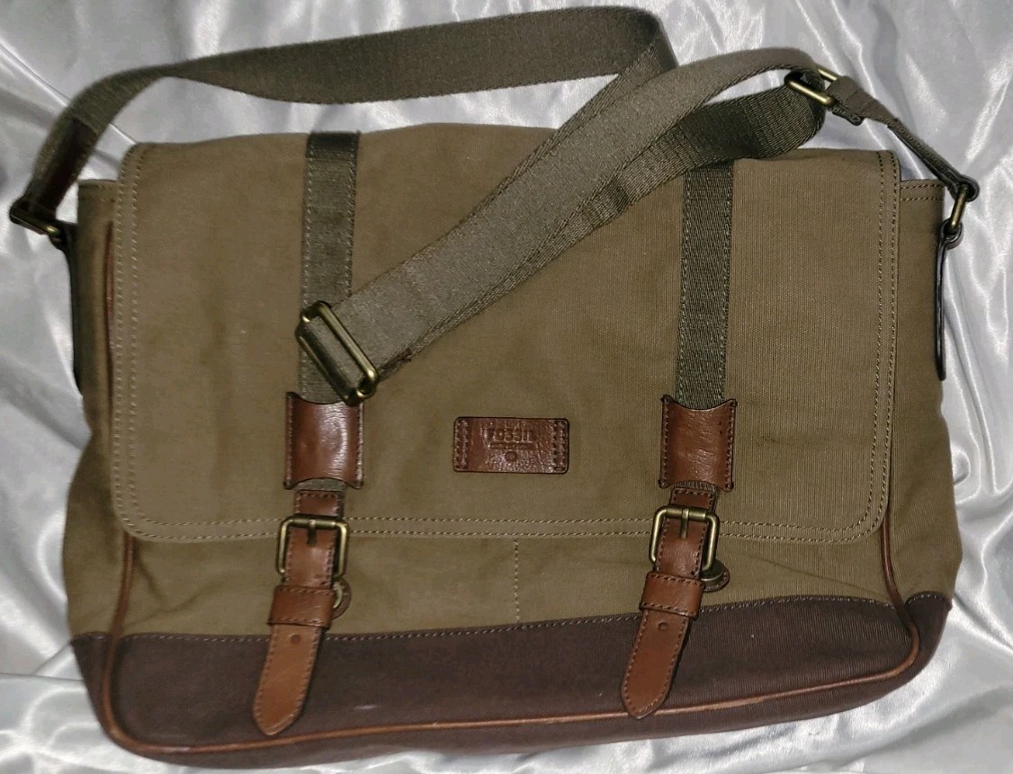 Vintage FOSSIL Canvas & Brass Messenger Laptop Leather Trim Padded Shoulder Bag