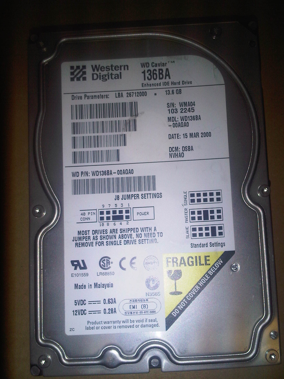WD 13.6GB WD136BA-00AGA0 DCM: DSBA NVHA0 Hard Drive