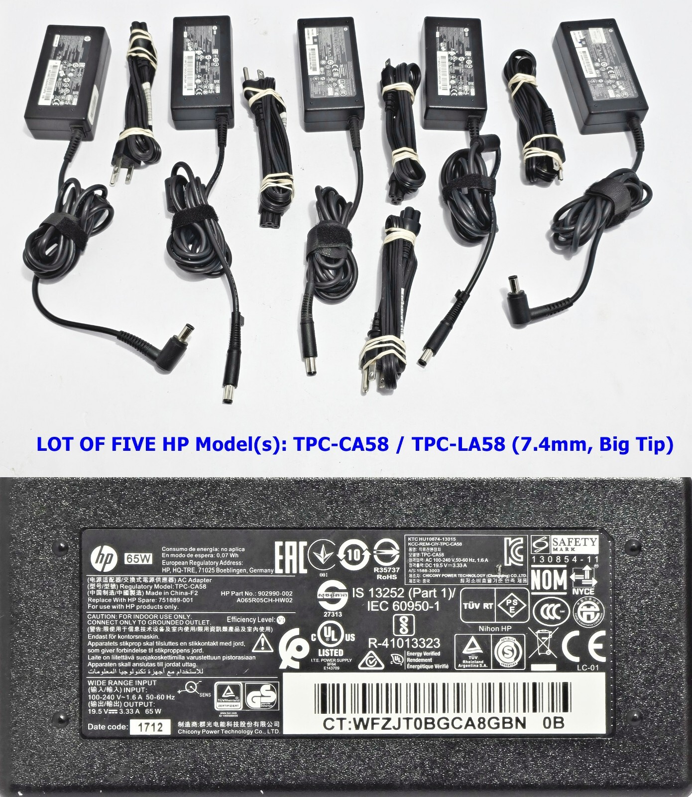 LOT (5x) Genuine HP 65W Laptop Power Adapter 19.5V 3.33A TPC-CA58/LA58 7.4mm OEM