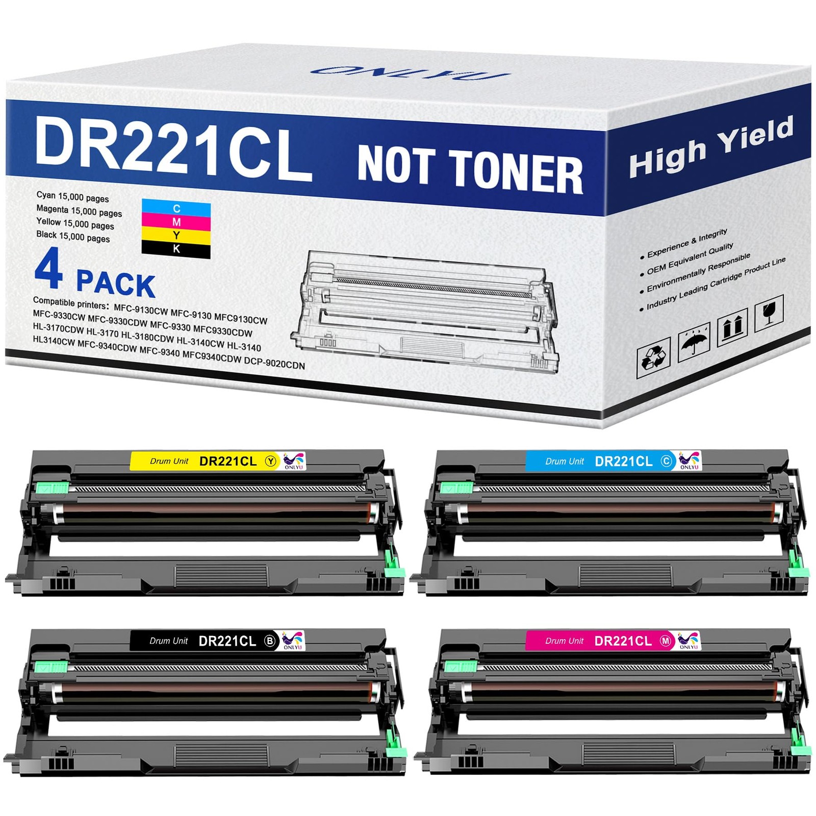 ONLYU Compatible DR221CL Drum Unit Black Cyan Magenta Yellow for Brother Prin...