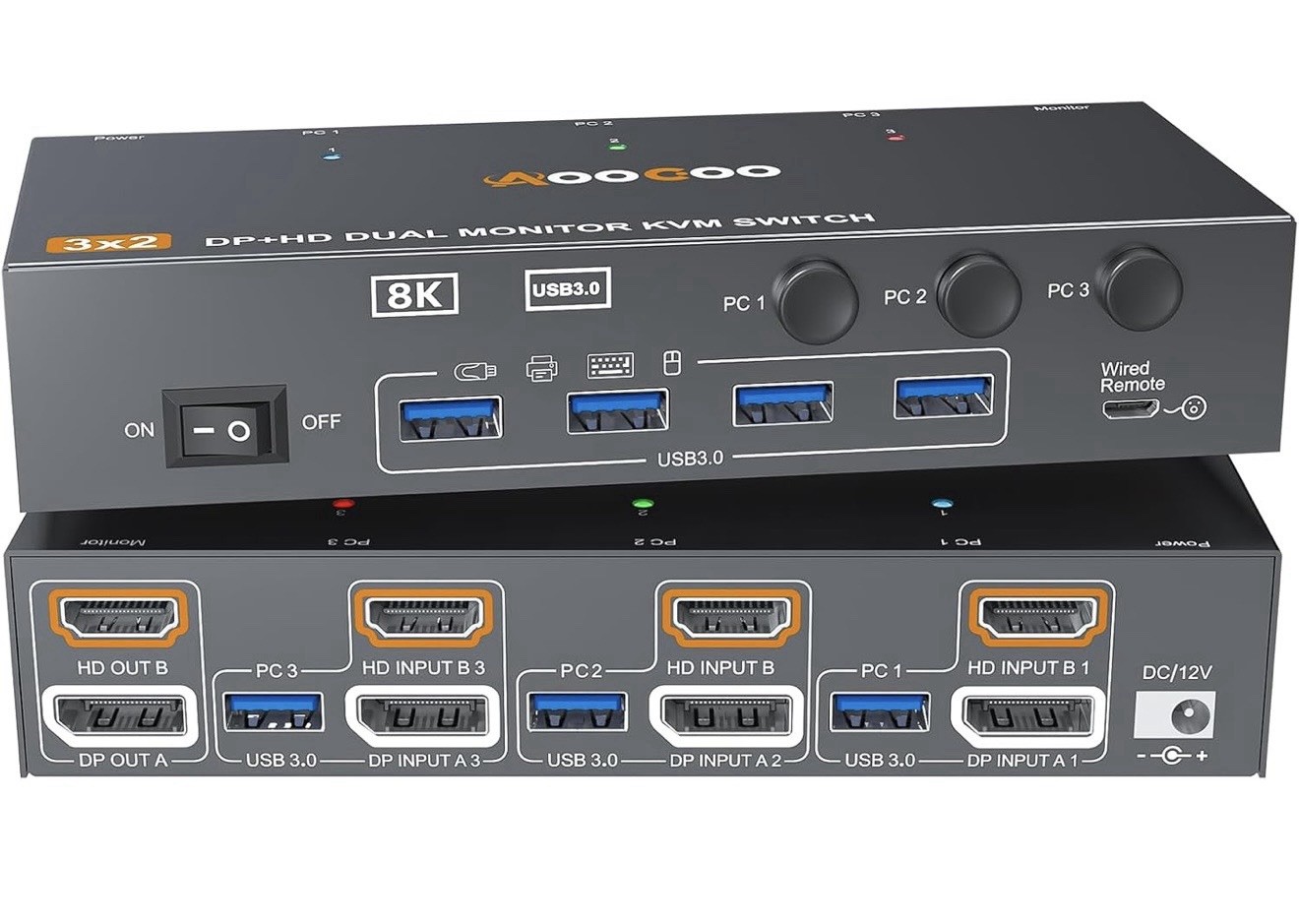 AOOCOO 3 PC 2 Monitor KVM Switch HDMI DisplayPort 8K 60Hz 4K 144Hz Open Box New