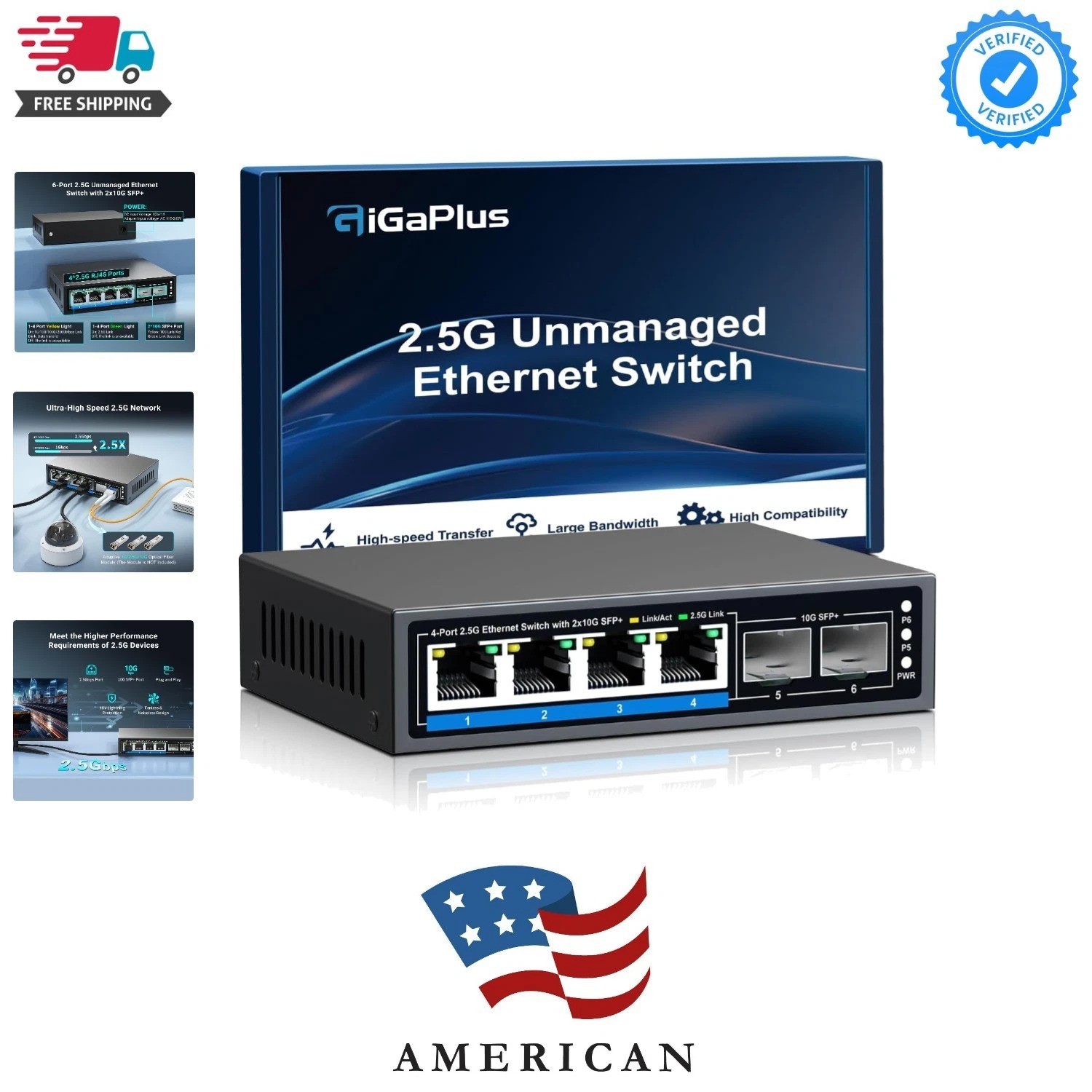 6 Ports 2.5Gb Unmanaged Ethernet Switch with 4* 2.5G Base-T Ports, 2* 10G SFP...